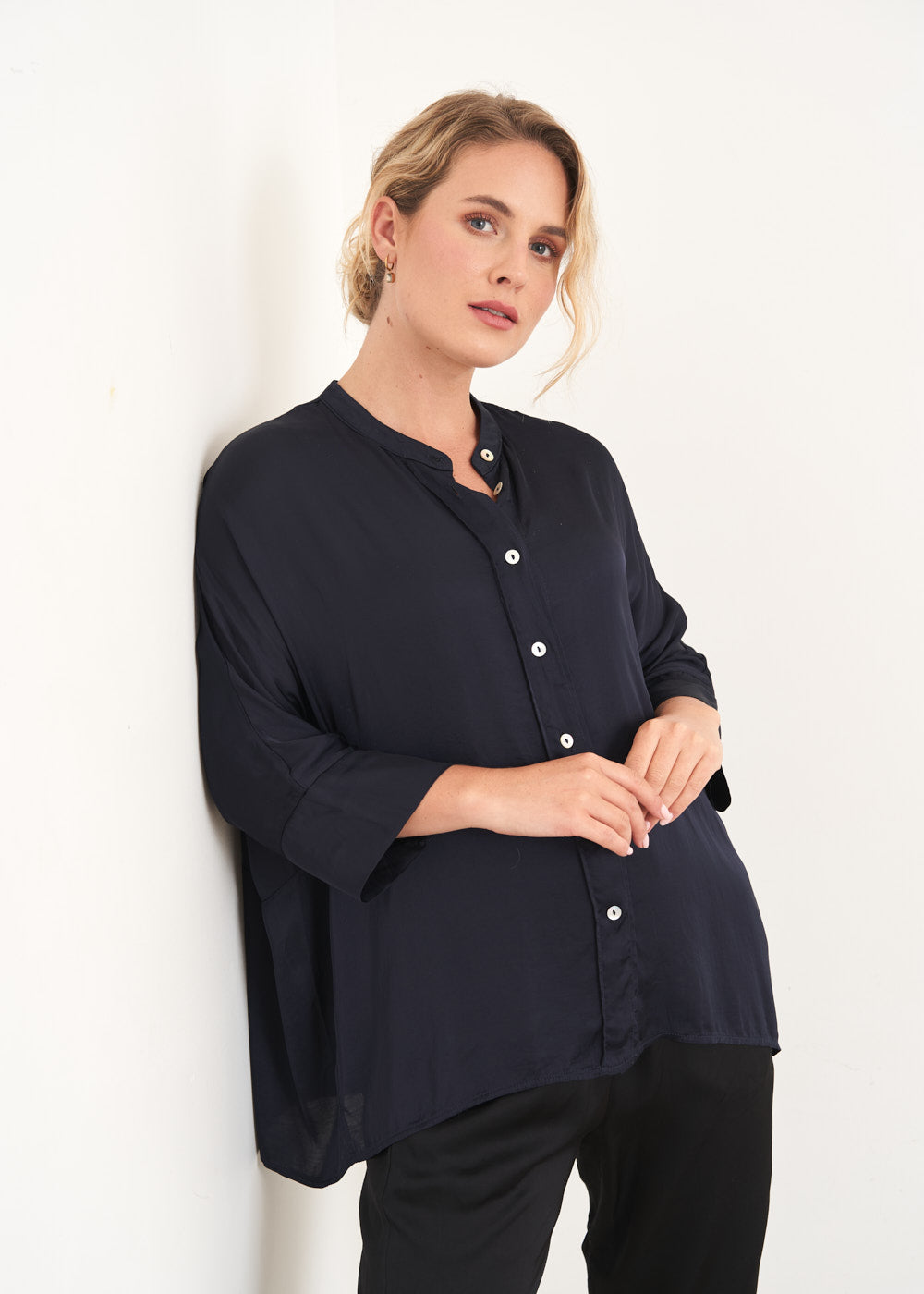 Andi Satin Shirt - Blue Black | Tops & Blouses | BUSBY & FOX