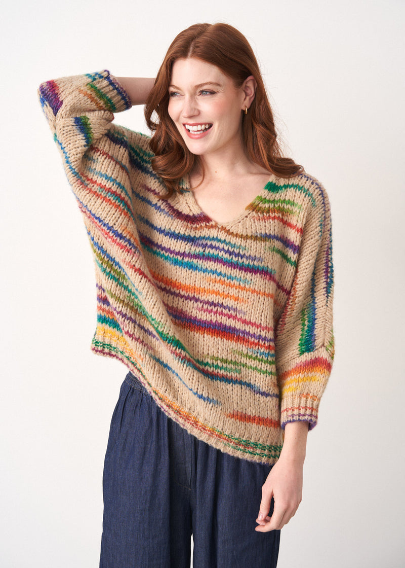 Rainbow stripe pale beige sweater