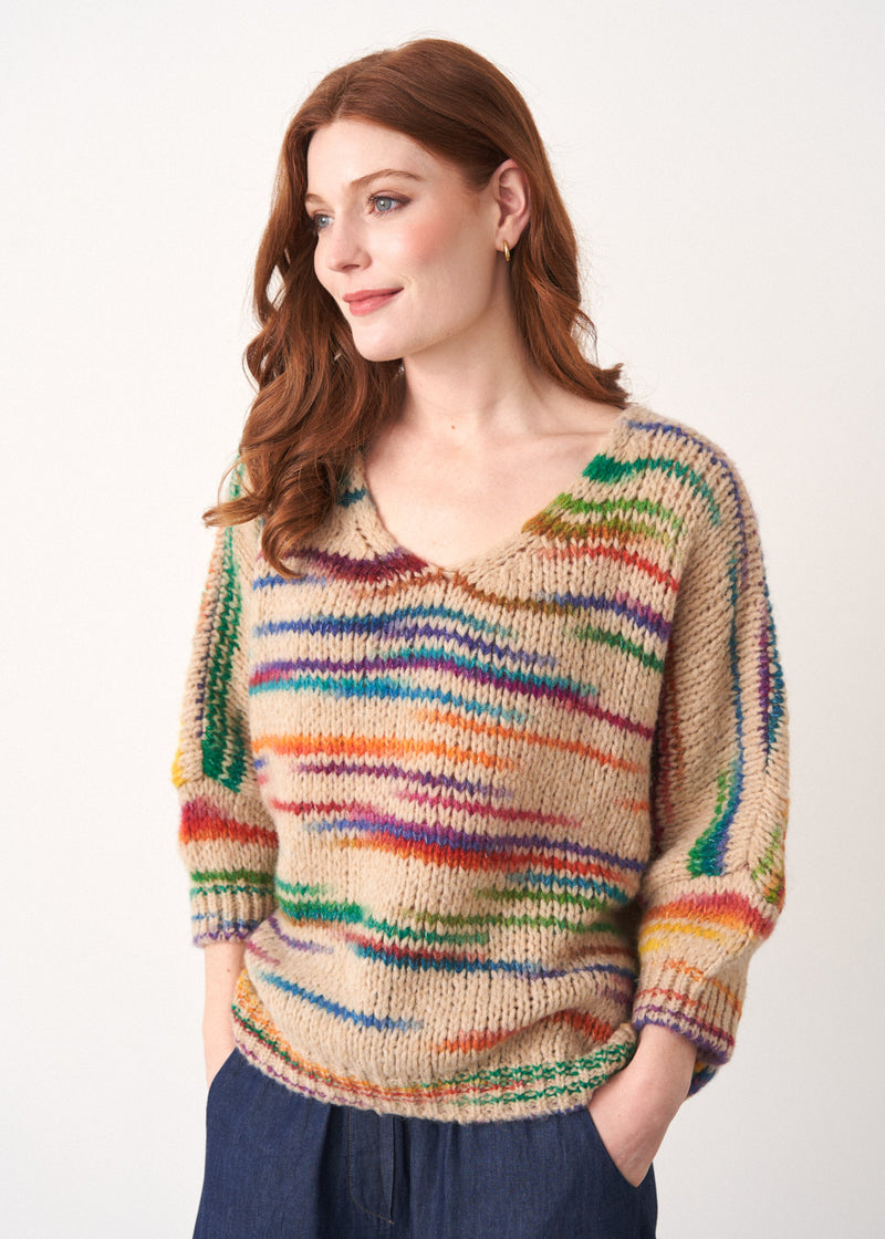 Rainbow stripe pale beige sweater