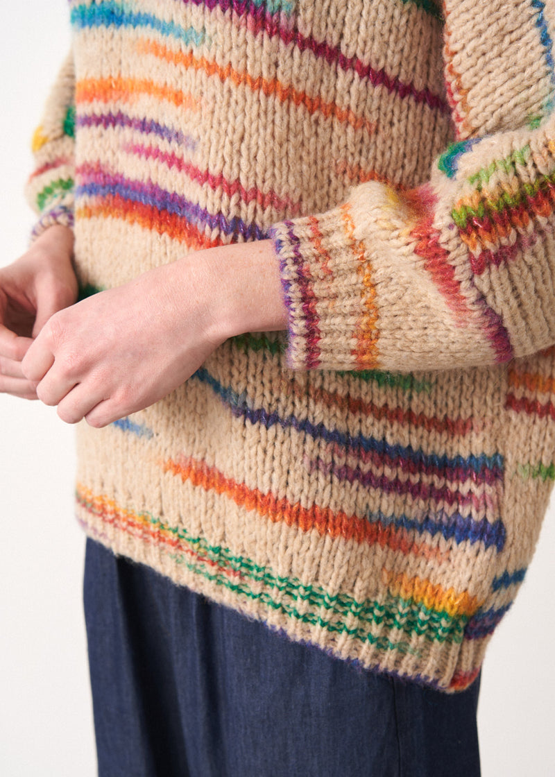 Rainbow stripe pale beige sweater