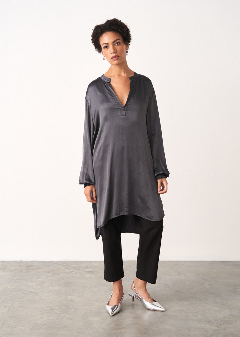 long dark grey satin tunic top with ruched sleeves 