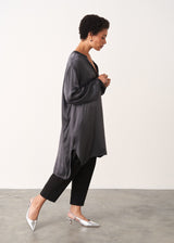 long dark grey satin tunic top with ruched sleeves 