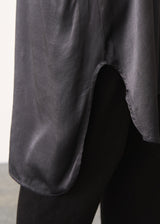 long dark grey satin tunic top with ruched sleeves 