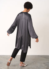 long dark grey satin tunic top with ruched sleeves 