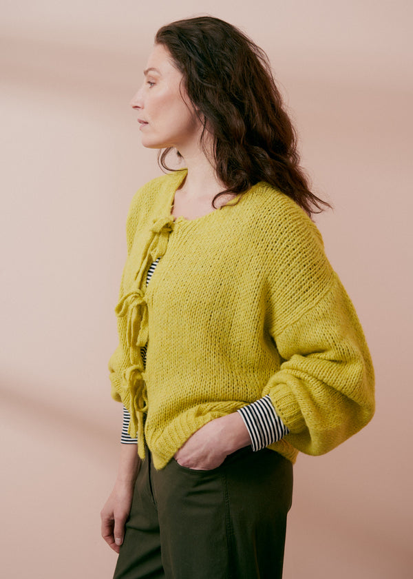 Acid yellow cardigan with bow front detail