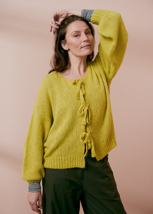 Acid yellow cardigan with bow front detail