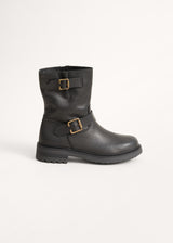 Black leather biker boots with buckle detail