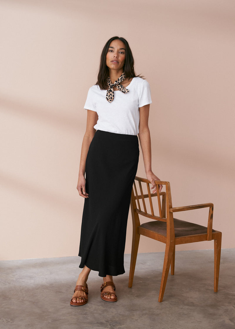 Black bias cut crepe midi skirt