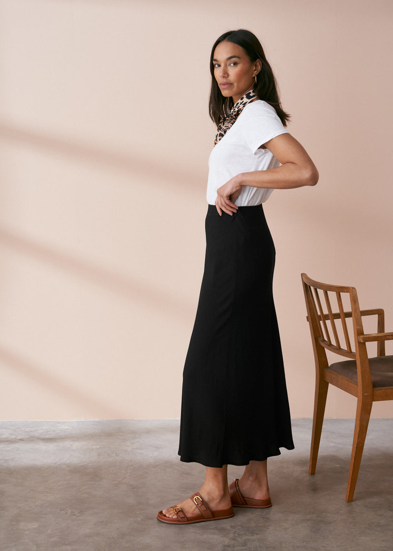 Black bias cut crepe midi skirt