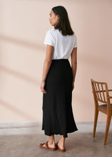 Black bias cut crepe midi skirt