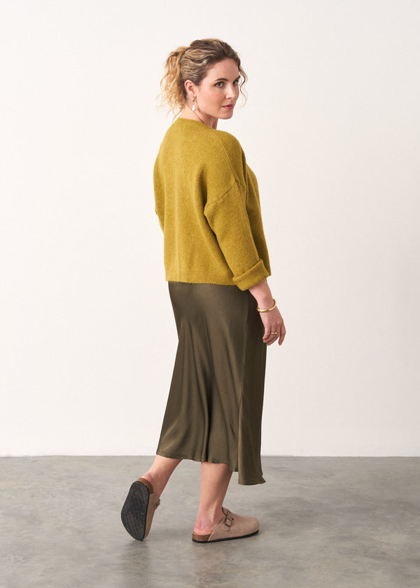 Light khaki gold satin bias cut midi skirt