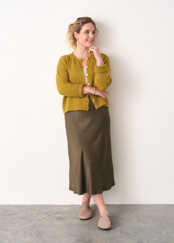 Light khaki gold satin bias cut midi skirt