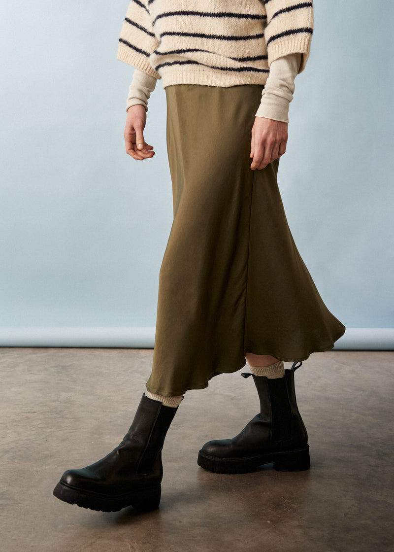 Light khaki gold satin bias cut midi skirt