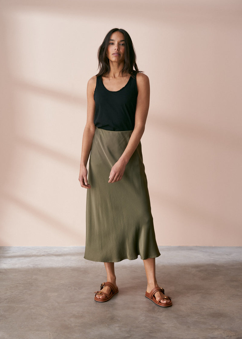 Light khaki gold satin bias cut midi skirt