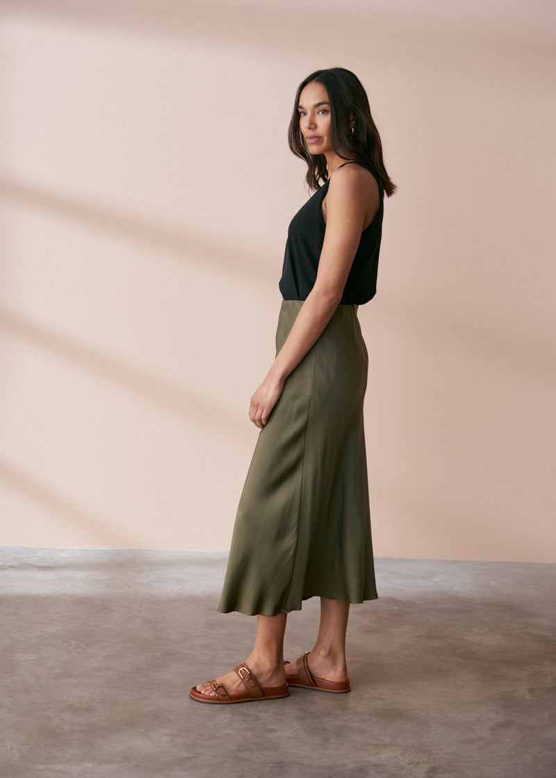 Light khaki gold satin bias cut midi skirt