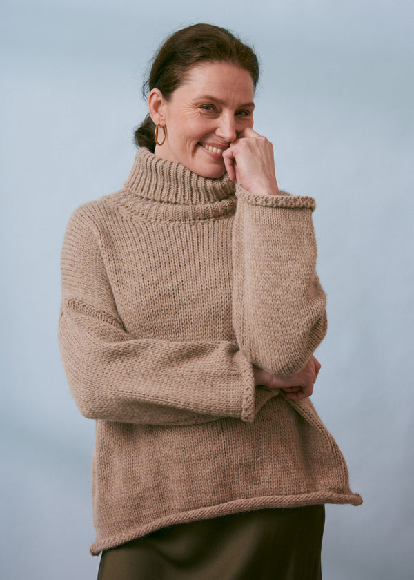 Light stone brown oversized rollneck jumper