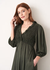 Green satin dress with smocked chest panel