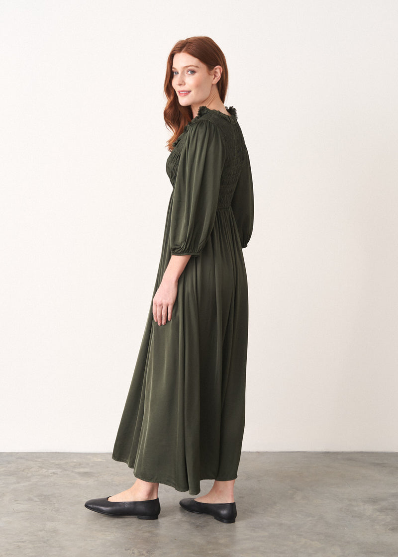 Green satin dress with smocked chest panel