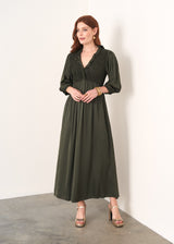 Green satin dress with smocked chest panel