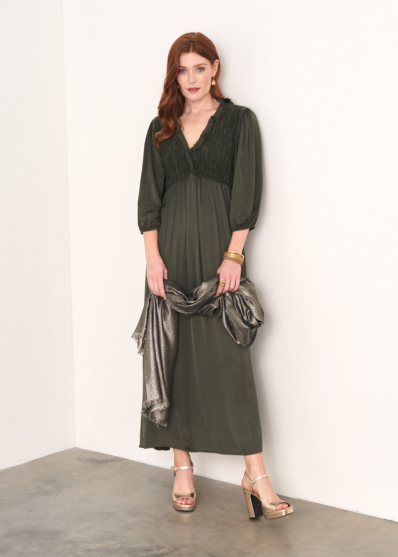 Green satin dress with smocked chest panel