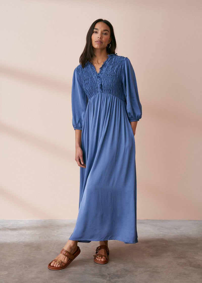 Maxi length satin dress in cornflower blue with shirring detail