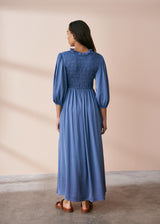 Maxi length satin dress in cornflower blue with shirring detail