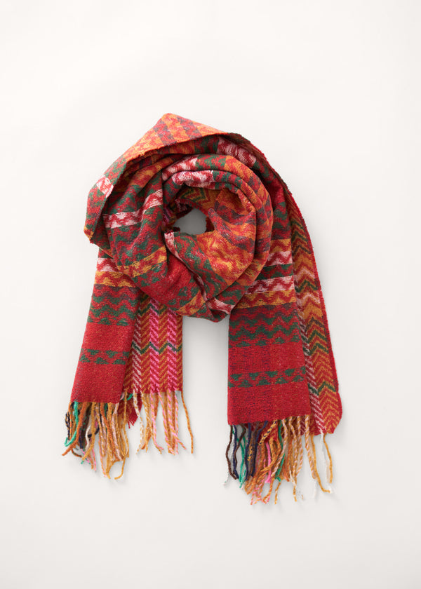 Red wool blend chevron print scarf