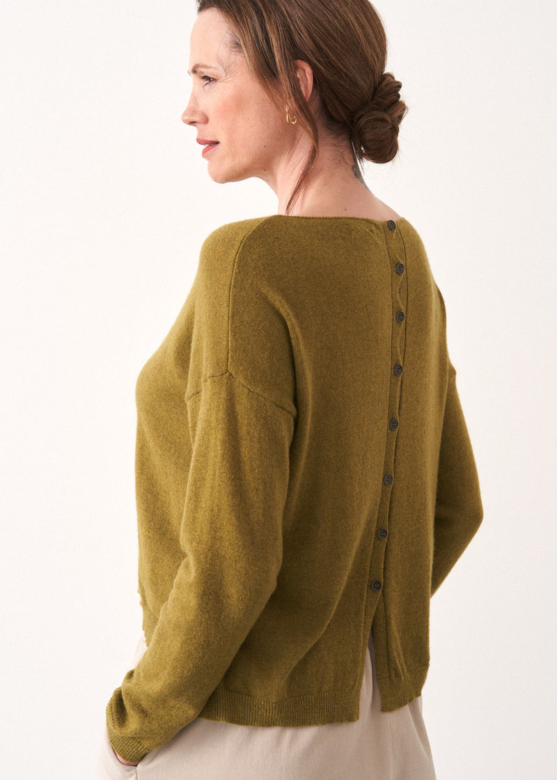 Olive green fine knit sweater with button detail