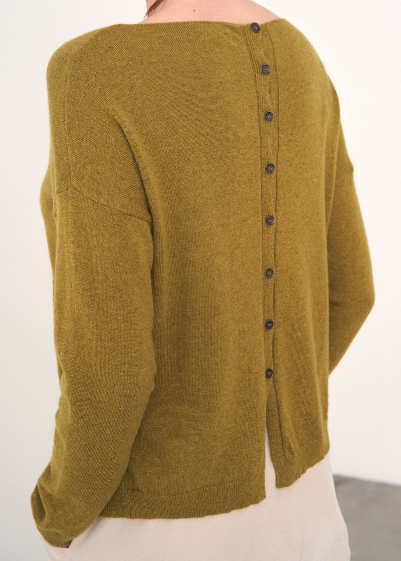 Olive green fine knit sweater with button detail