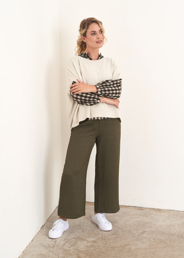 Khaki green cropped wide leg trousers