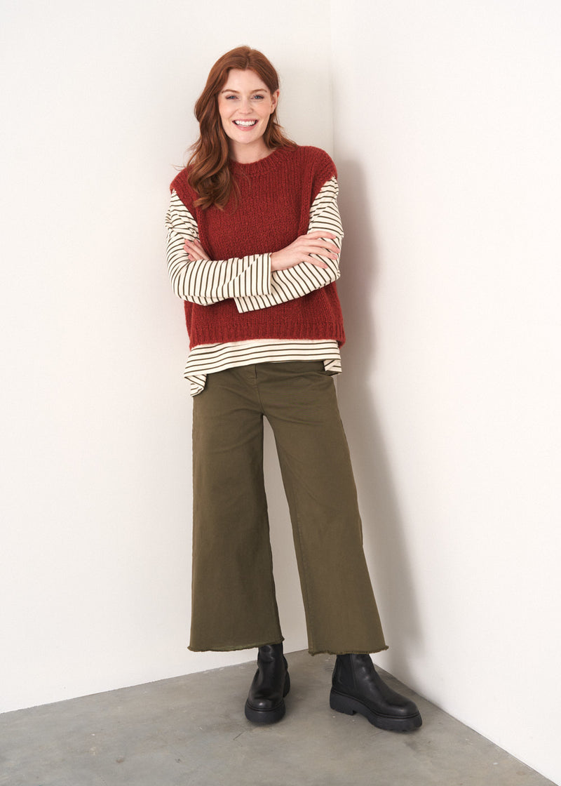 Khaki green cropped wide leg trousers