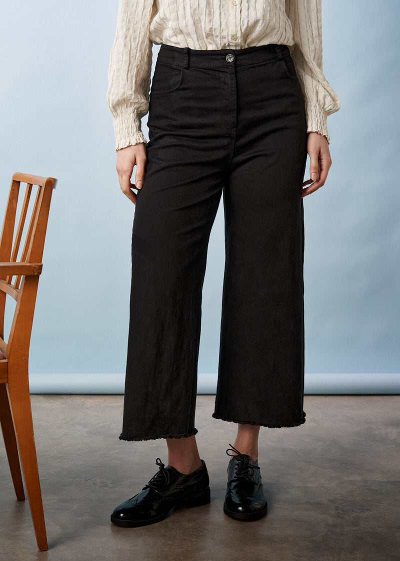 black wide leg raw hem cotton trousers