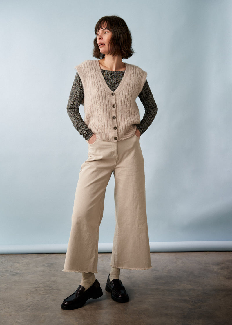 Oatmeal wide leg cotton trousers