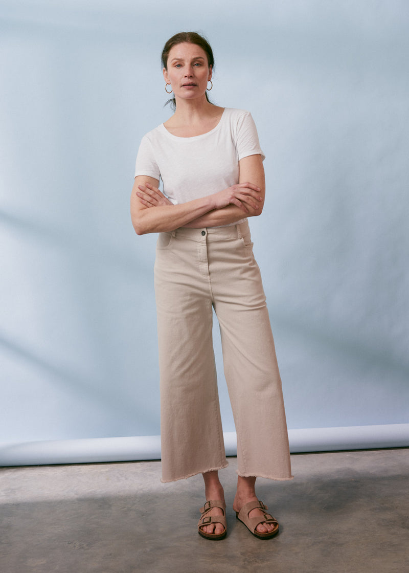 Oatmeal wide leg cotton trousers