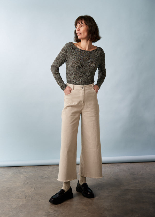 Oatmeal wide leg cotton trousers