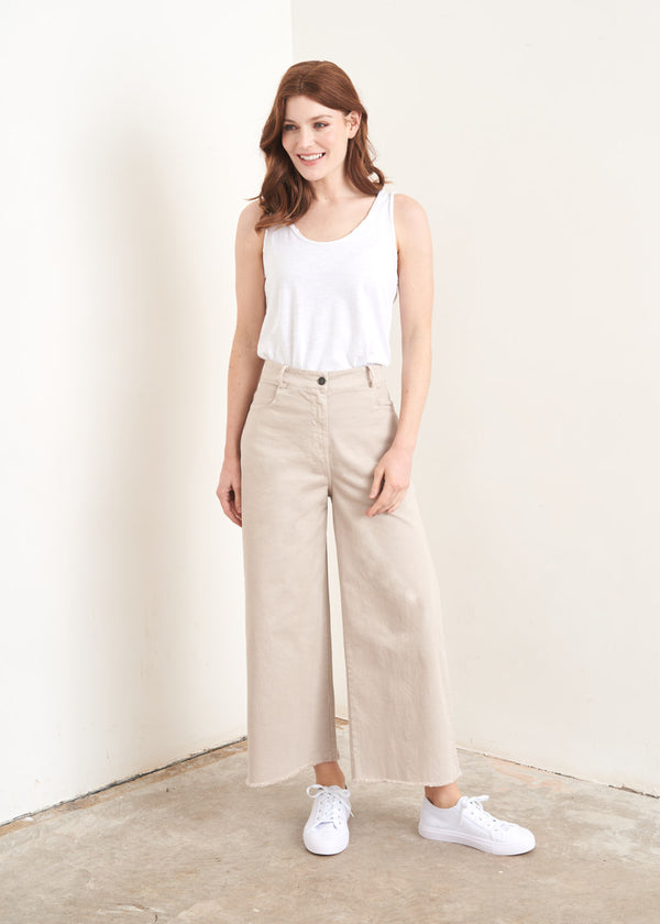 Soft oatmeal stretch cotton trousers