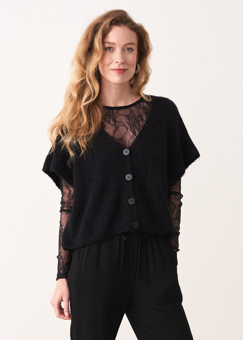 Black oversized v neck knitted waistcoat