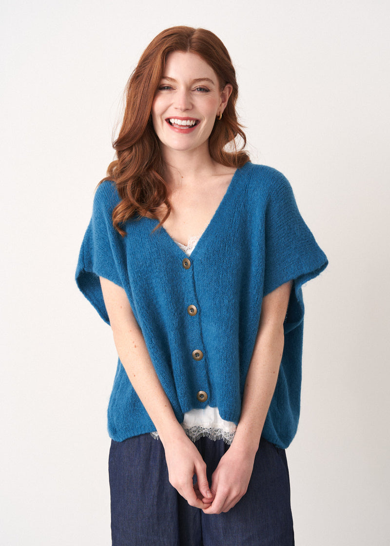 Short sleeve teal button up waistcoat cardigan