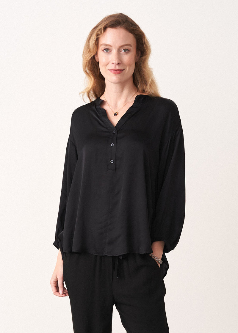 Black satin button up shirt