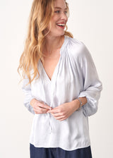 Pale blue satin top with neck tie