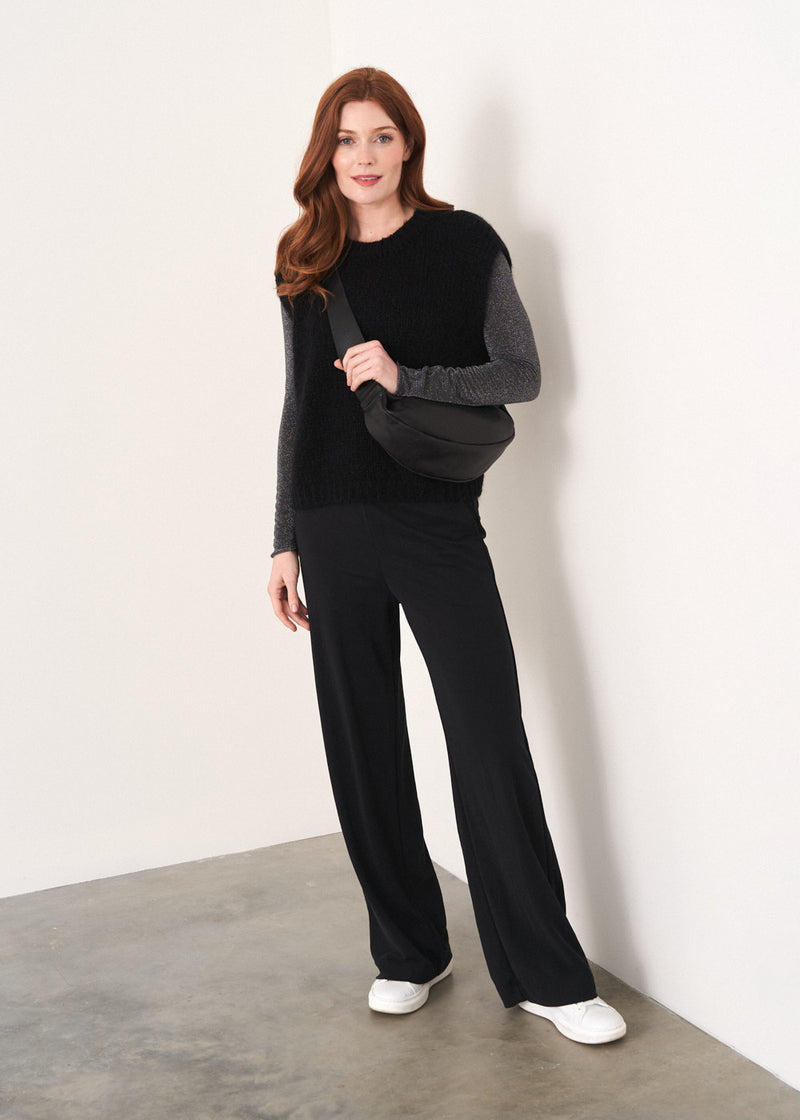 Black long leg jersey flared trousers