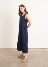 Dark blue satin sleeveless dress