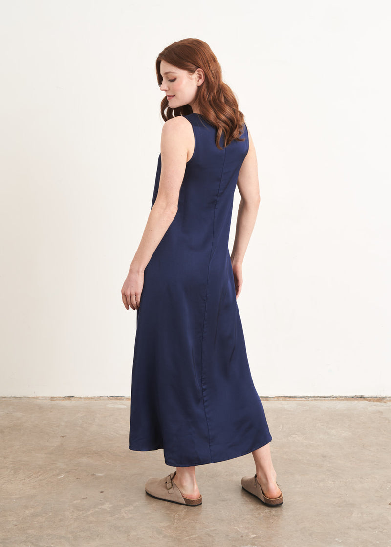 Dark blue satin sleeveless dress