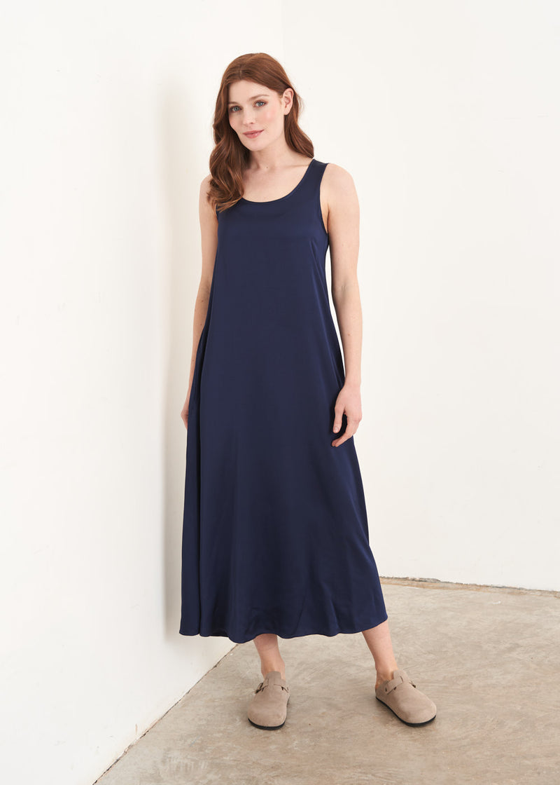 Dark blue satin sleeveless dress