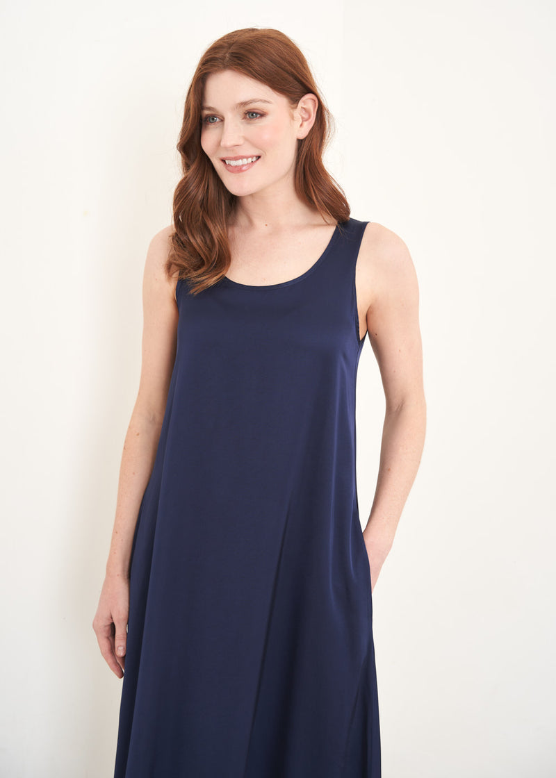 Dark blue satin sleeveless dress