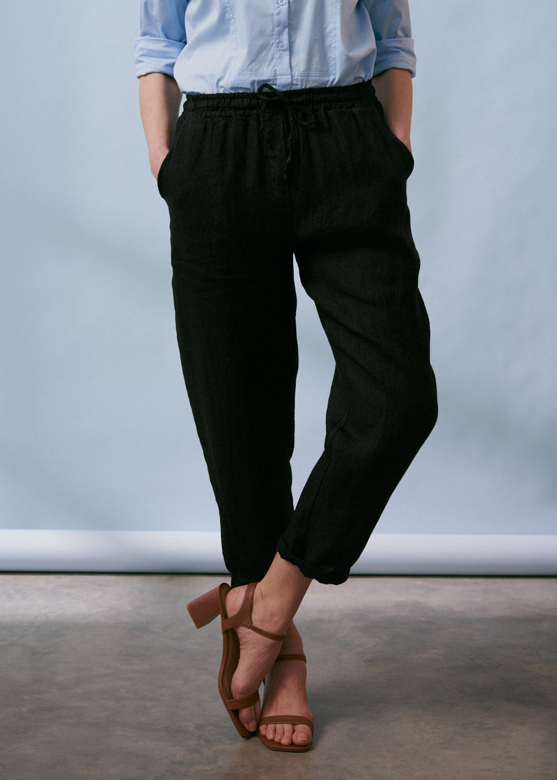 Black tapered linen trousers