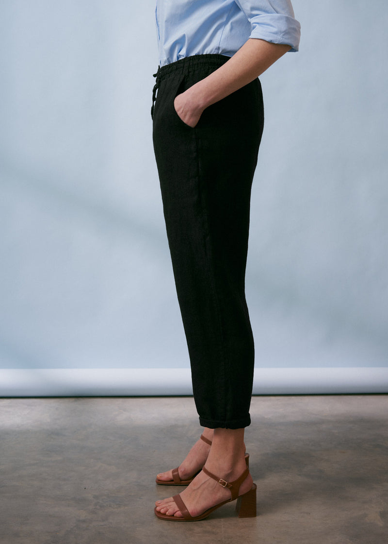 Black tapered linen trousers