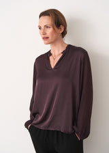 Aubergine satin blouse with sheer sleeves