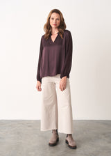 Aubergine satin blouse with sheer sleeves