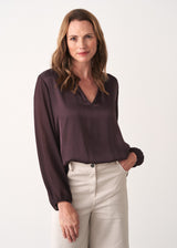 Aubergine satin blouse with sheer sleeves